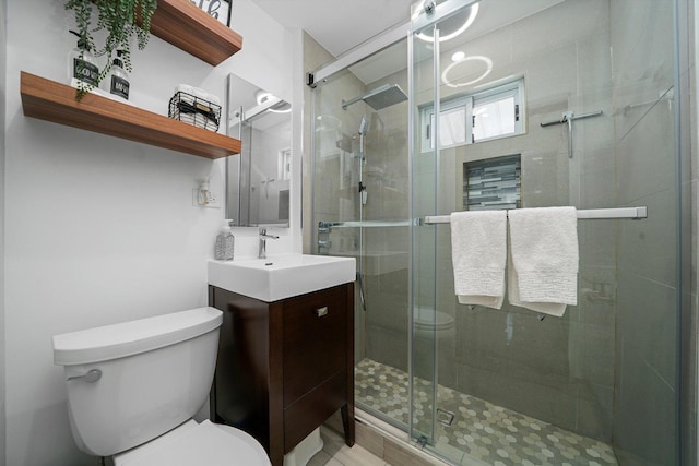 bathroom with vanity, a stall shower, and toilet