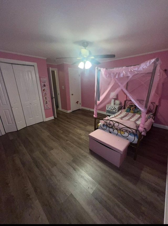 3105 172nd St, Hazel Crest, IL 60429 - bedroom featuring ornamental molding, wood finished floors, baseboards, and ceiling fan