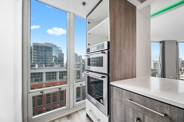345 N La Salle Dr Unit 2501, Chicago, IL 60654 - kitchen with a view of city, stainless steel double oven, light countertops, and light wood-style flooring