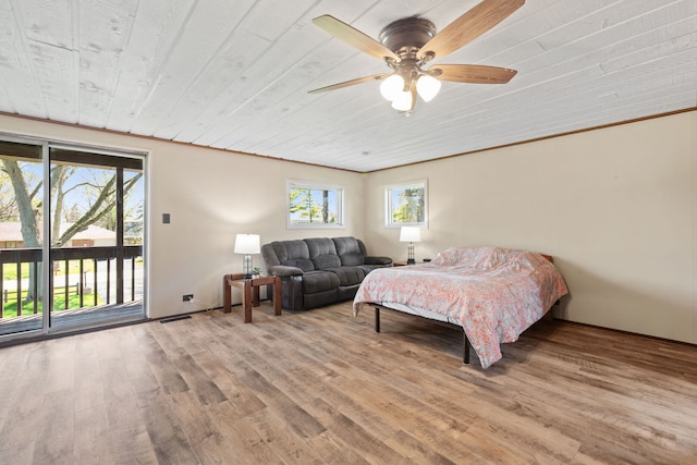 bedroom featuring visible vents, wood finished floors, access to outside, wood ceiling, and a ceiling fan