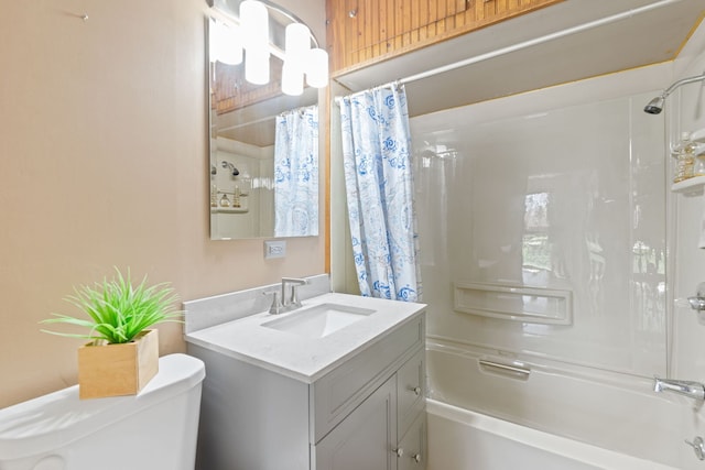 bathroom with vanity, shower / bathtub combination with curtain, and toilet