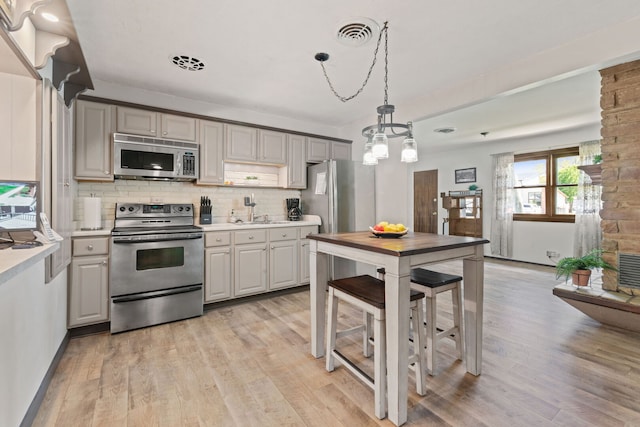 kitchen featuring light wood-style floors, light countertops, appliances with stainless steel finishes, and backsplash