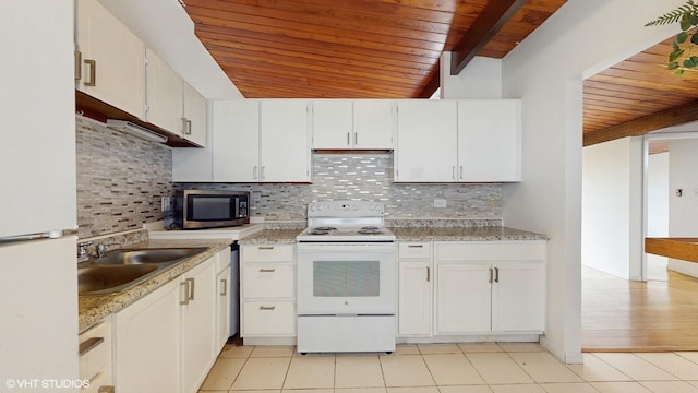 2306 Holiday Ter Unit 166, Lansing, IL 60438 - kitchen featuring a sink, white cabinets, white appliances, and wooden ceiling