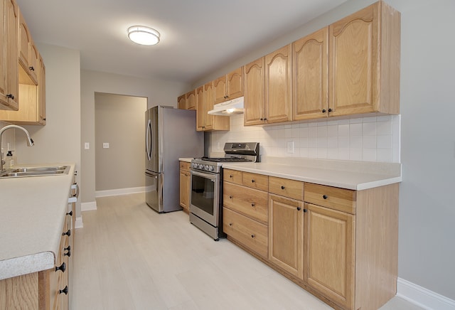 kitchen with light brown cabinetry, baseboards, stainless steel appliances, and a sink