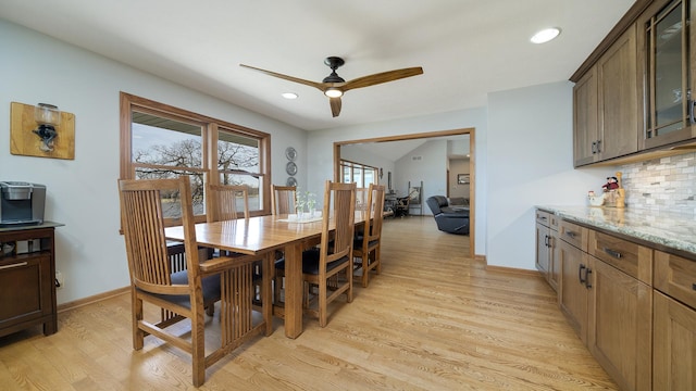 dining room with light wood-type flooring, baseboards, recessed lighting, and ceiling fan
