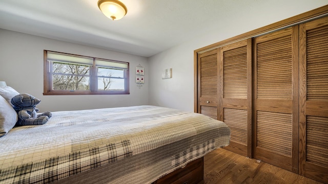 bedroom with dark wood-style flooring and a closet