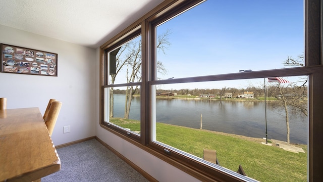 interior space featuring a water view