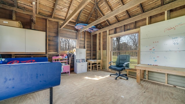 miscellaneous room with lofted ceiling and wooden ceiling