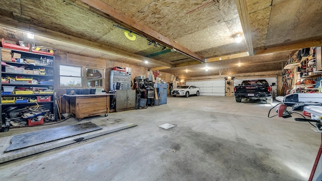 garage with a workshop area