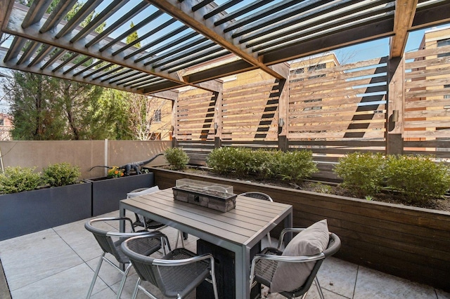 view of patio / terrace featuring outdoor dining area, a fenced backyard, and a pergola