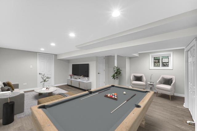 211 W 112th Pl, Chicago, IL 60628 - playroom featuring recessed lighting, wood finished floors, pool table, and baseboards