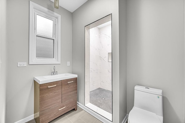 211 W 112th Pl, Chicago, IL 60628 - full bath with tile patterned floors, toilet, baseboards, a shower stall, and vanity