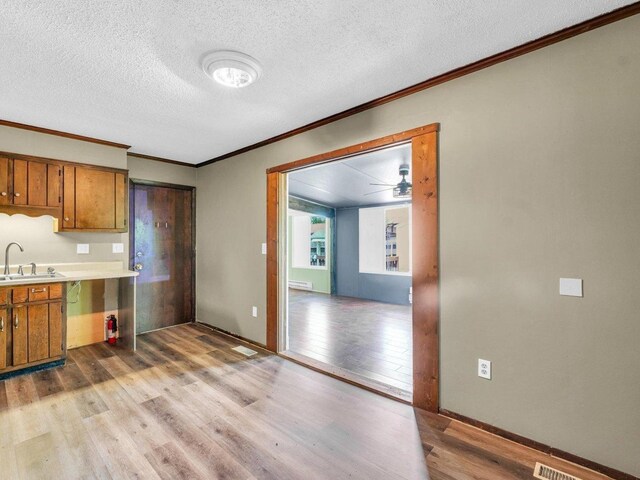 1045 Briarcliff Dr, Rantoul, IL 61866 - kitchen with light wood-style flooring, brown cabinets, crown molding, a textured ceiling, and a sink