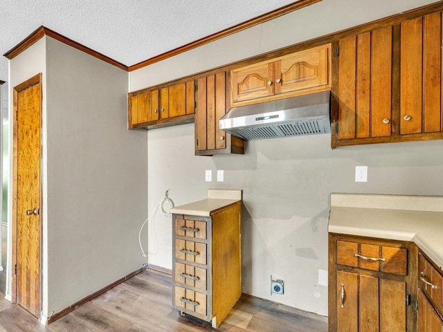 1045 Briarcliff Dr, Rantoul, IL 61866 - kitchen featuring under cabinet range hood, light wood-style floors, ornamental molding, brown cabinetry, and light countertops
