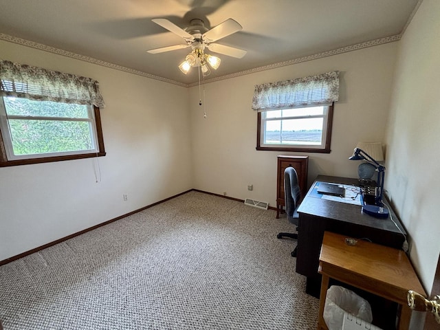 2445 Graham Rd, Belvidere, IL 61008 - unfurnished office with visible vents, carpet flooring, baseboards, and ceiling fan