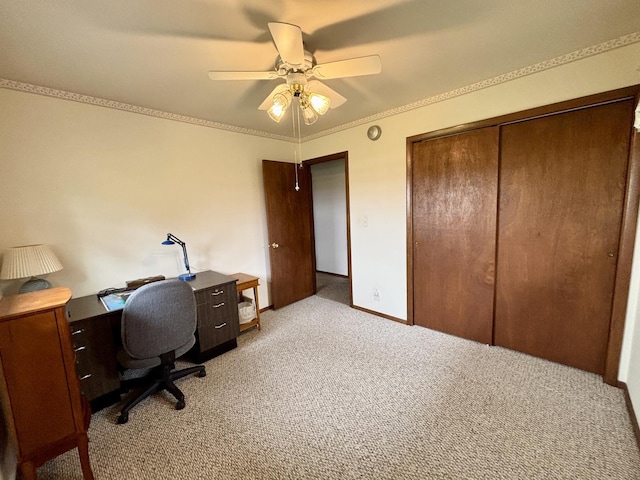 2445 Graham Rd, Belvidere, IL 61008 - home office featuring light colored carpet, ceiling fan, and crown molding