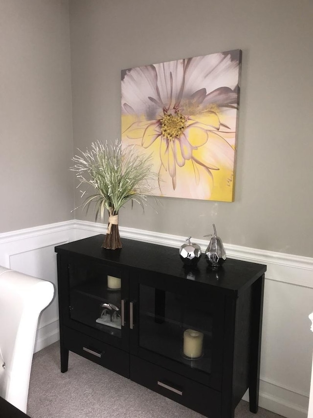 room details featuring carpet floors and wainscoting