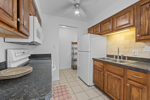 6135 W 94th St Unit C5, Oak Lawn, IL 60453 - kitchen featuring a sink, white appliances, dark countertops, decorative backsplash, and a ceiling fan