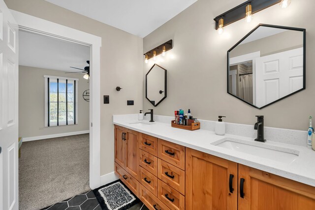 5255 Crescent Green Ct, Morris, IL 60450 - full bathroom featuring tile patterned floors, a ceiling fan, a sink, and double vanity