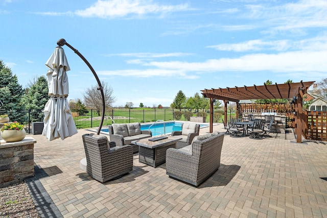 5255 Crescent Green Ct, Morris, IL 60450 - view of patio / terrace featuring a pergola, a fenced in pool, an outdoor living space with a fire pit, and a fenced backyard