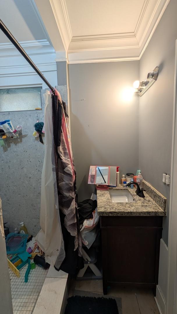 3039 W Flournoy St, Chicago, IL 60612 - full bath featuring vanity, curtained shower, and ornamental molding