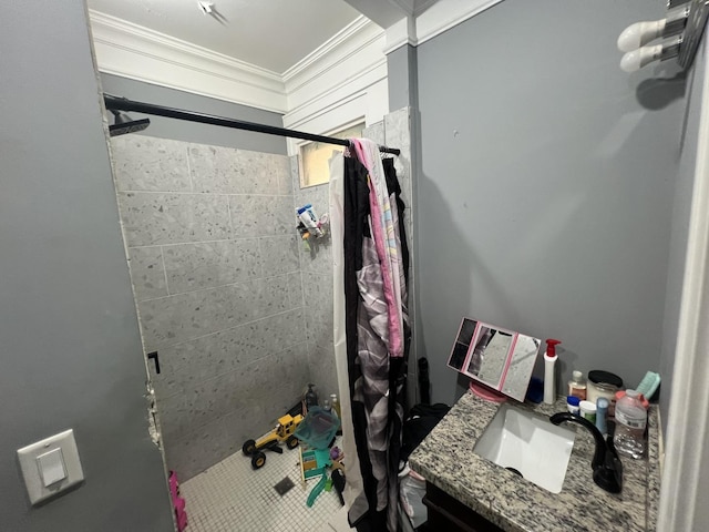 3039 W Flournoy St, Chicago, IL 60612 - bathroom featuring ornamental molding, vanity, and a stall shower