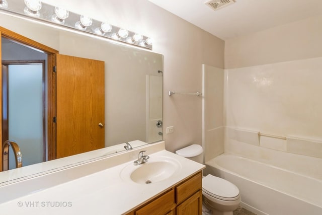 full bathroom featuring shower / bath combination, visible vents, toilet, and vanity
