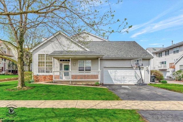 view of front of property with driveway, a garage, a shingled roof, a front yard, and a porch