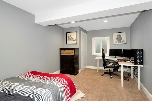 bedroom with recessed lighting, baseboards, and carpet floors