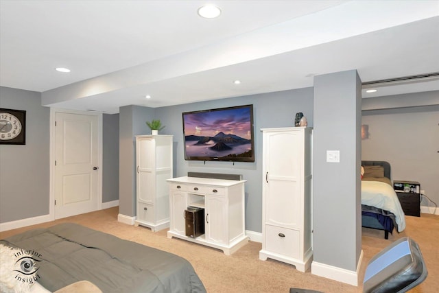 bedroom with light carpet, baseboards, and recessed lighting