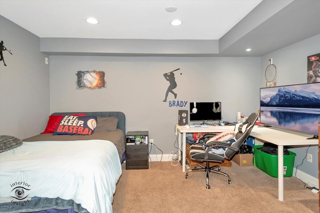 carpeted bedroom featuring baseboards and recessed lighting