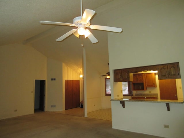 24541 S Wildwood Trl, Crete, IL 60417 - unfurnished living room with high vaulted ceiling, ceiling fan, light carpet, and beam ceiling