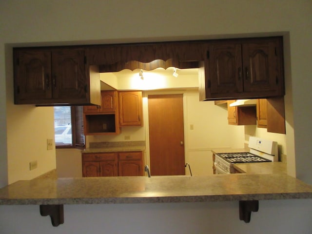24541 S Wildwood Trl, Crete, IL 60417 - kitchen featuring a peninsula, under cabinet range hood, white range with gas stovetop, and a breakfast bar area