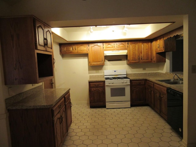 24541 S Wildwood Trl, Crete, IL 60417 - kitchen featuring under cabinet range hood, light floors, white gas range, a sink, and black dishwasher