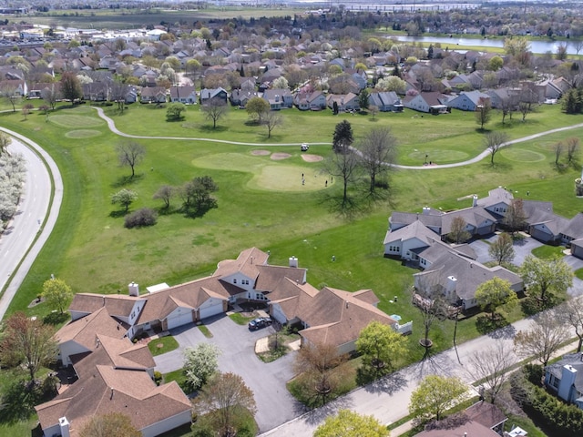 bird's eye view featuring a residential view, a water view, and golf course view