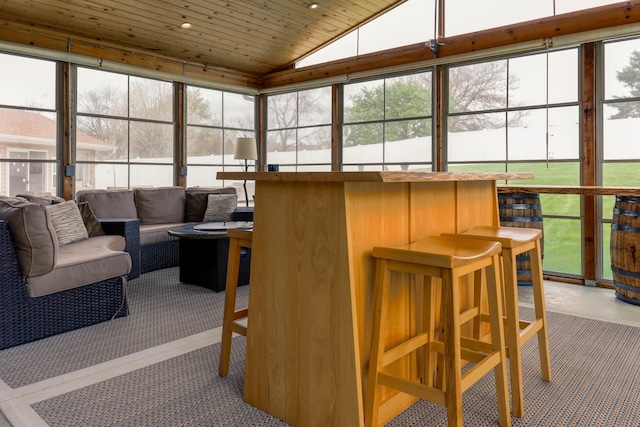554 Fairway Dr, El Paso, IL 61738 - living area featuring vaulted ceiling, wood walls, and wooden ceiling