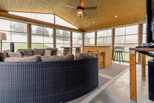 554 Fairway Dr, El Paso, IL 61738 - sunroom featuring concrete floors, an outdoor living space, wooden ceiling, and ceiling fan