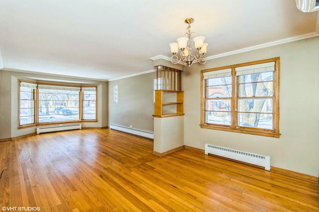 unfurnished room with a baseboard radiator, crown molding, a baseboard heating unit, a chandelier, and light wood-style floors