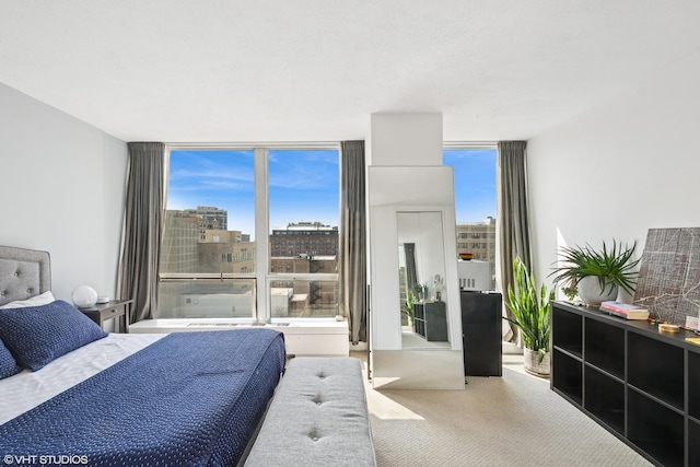 bedroom with a view of city, floor to ceiling windows, and carpet