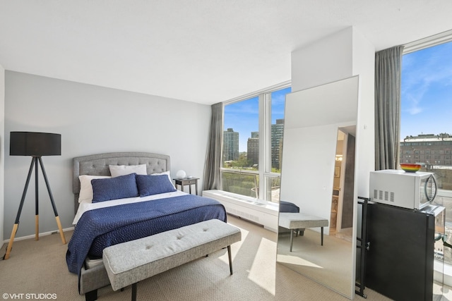 carpeted bedroom with a view of city, baseboards, and expansive windows