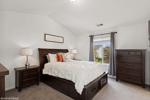 bedroom featuring baseboards, light carpet, vaulted ceiling, and visible vents