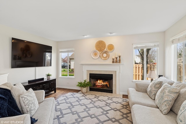 living room with baseboards, a fireplace, and wood finished floors