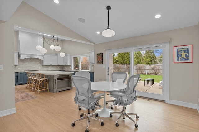 20 Colony Ln, Deerfield, IL 60015 - dining space featuring recessed lighting, light wood-style floors, baseboards, high vaulted ceiling, and an office area