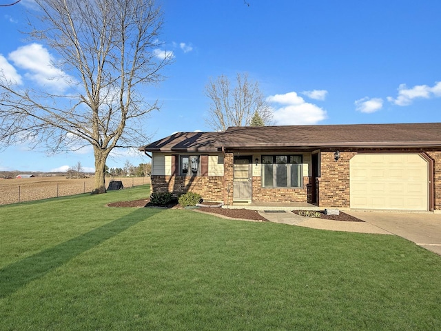 ranch-style home with a garage, driveway, fence, a front yard, and brick siding