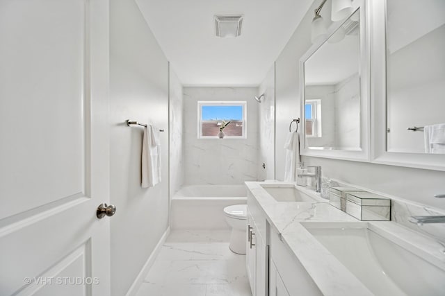 bathroom featuring shower / bathtub combination, toilet, a sink, and marble finish floor