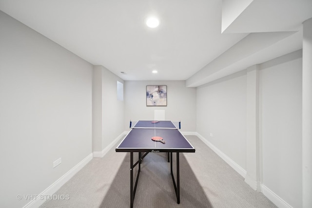 rec room with baseboards, carpet flooring, and recessed lighting