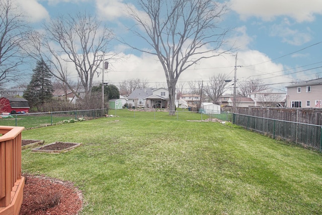 view of yard with a fenced backyard and a residential view