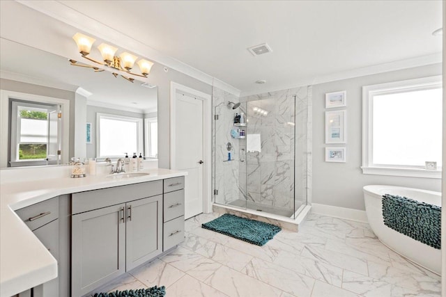 bathroom featuring marble finish floor, visible vents, and crown molding