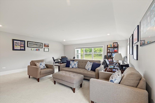living room with carpet floors, baseboards, and recessed lighting