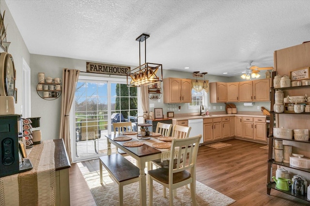 dining room featuring wood finished floors, a textured ceiling, recessed lighting, and ceiling fan